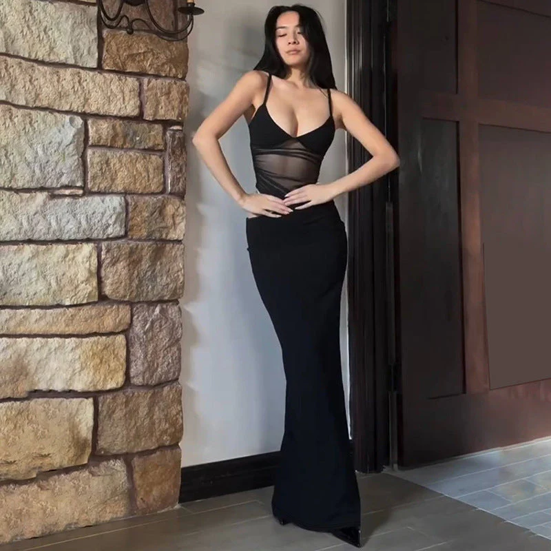 Women’s Mesh Panel Maxi Dress with Asymmetric Cut Out Waist - Image 2