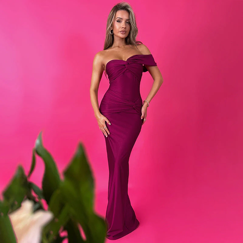 Women’s Off the Shoulder Maxi Dress with Draped Front Knot Detail - Image 2