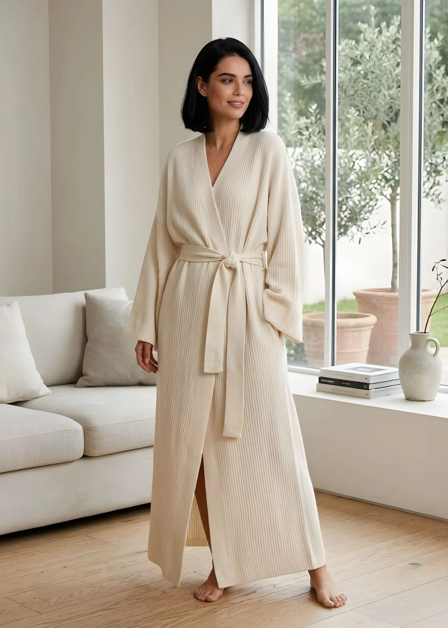 Women’s Ribbed Knit Wrap Cardigan Coat with Tie Waist and Long Sleeves