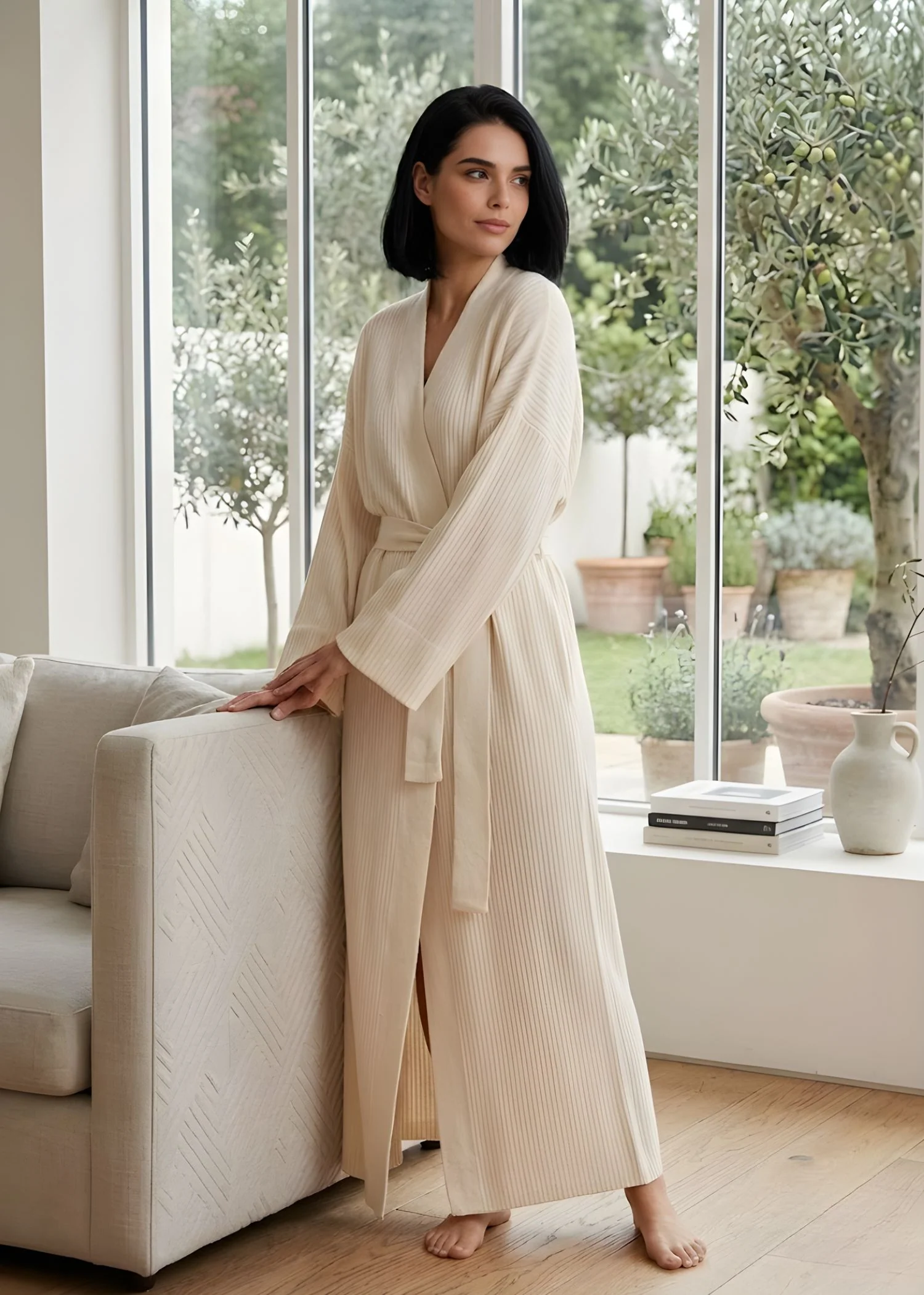Women’s Ribbed Knit Wrap Cardigan Coat with Tie Waist and Long Sleeves - Image 2
