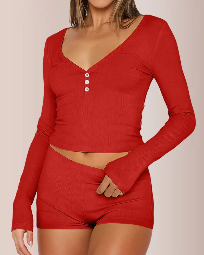 Women’s Ribbed Lounge Set with Henley Button Long Sleeve Top - Image 9