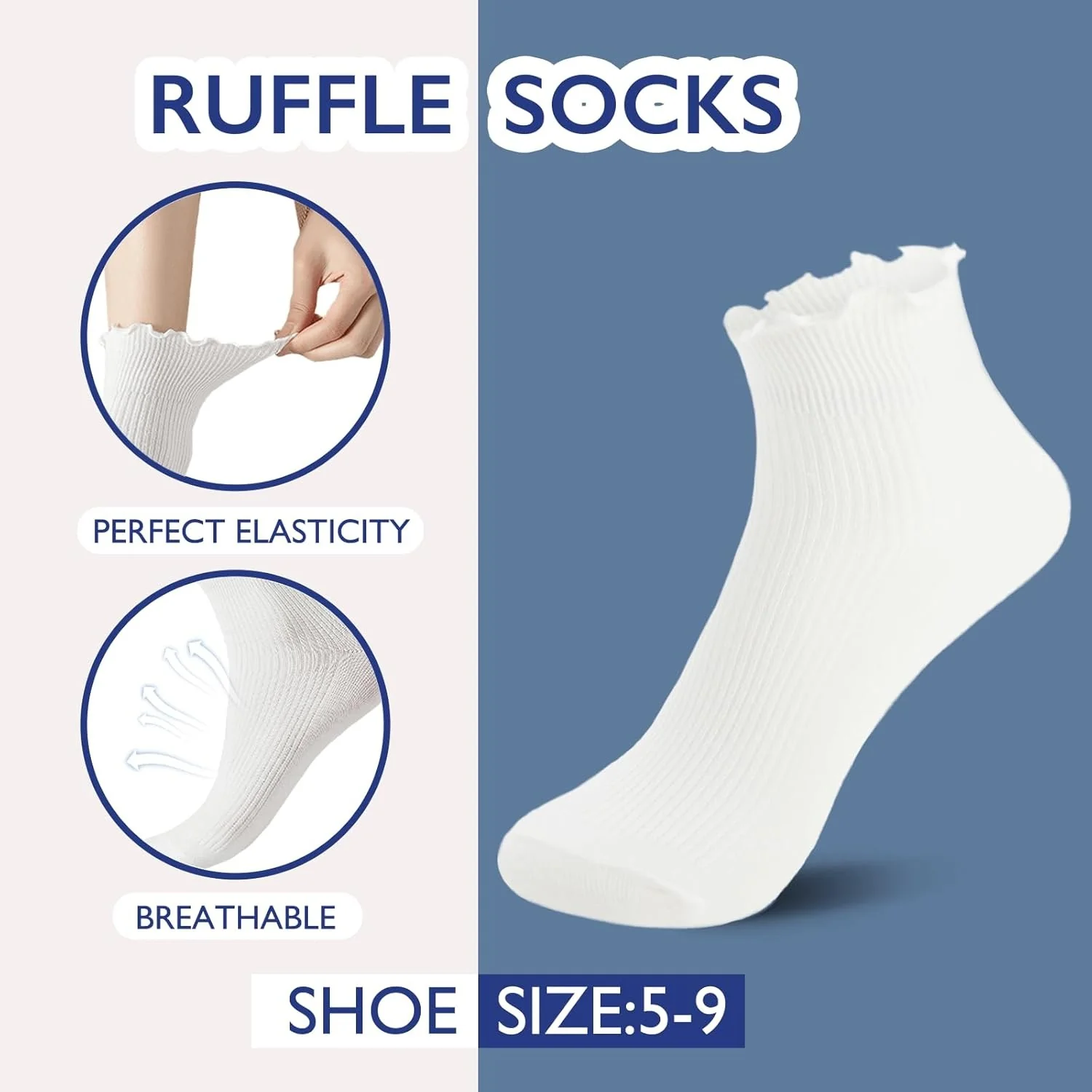 Women’s Ribbed Ruffle Ankle Socks Soft Cotton Frill Cuff - Image 2