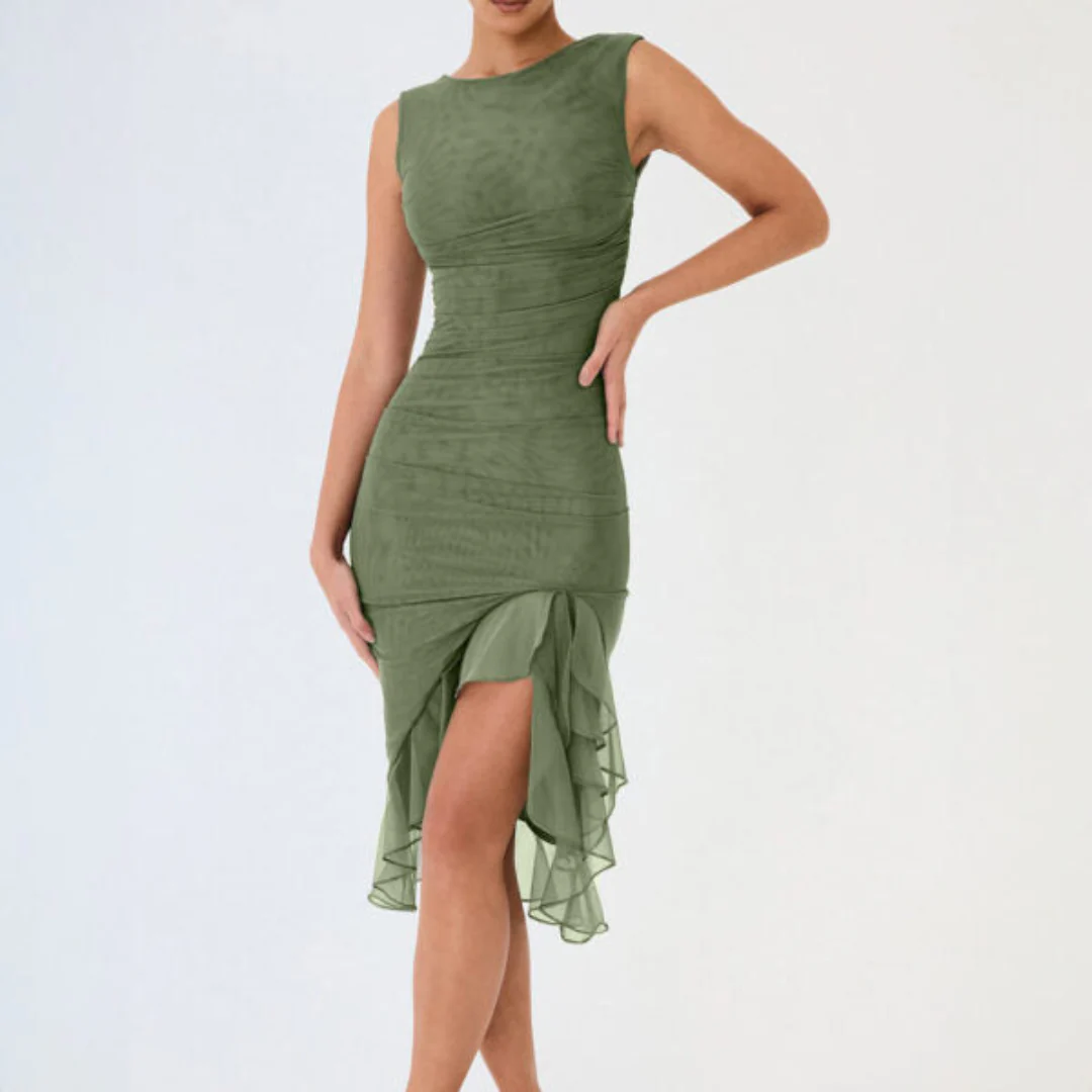 Women’s Ruched Mesh Midi Dress with Asymmetric Ruffle Hem - Image 4