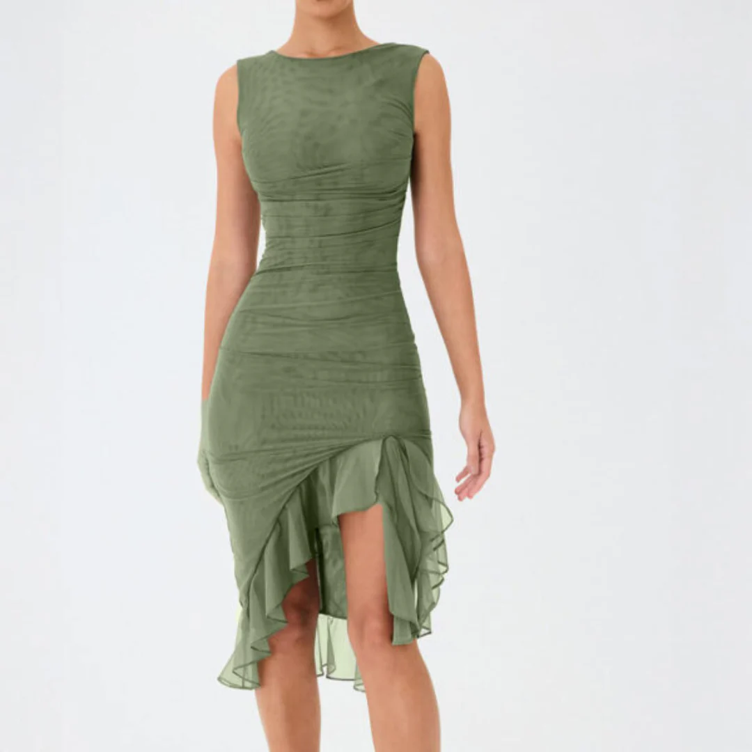 Women’s Ruched Mesh Midi Dress with Asymmetric Ruffle Hem - Image 5