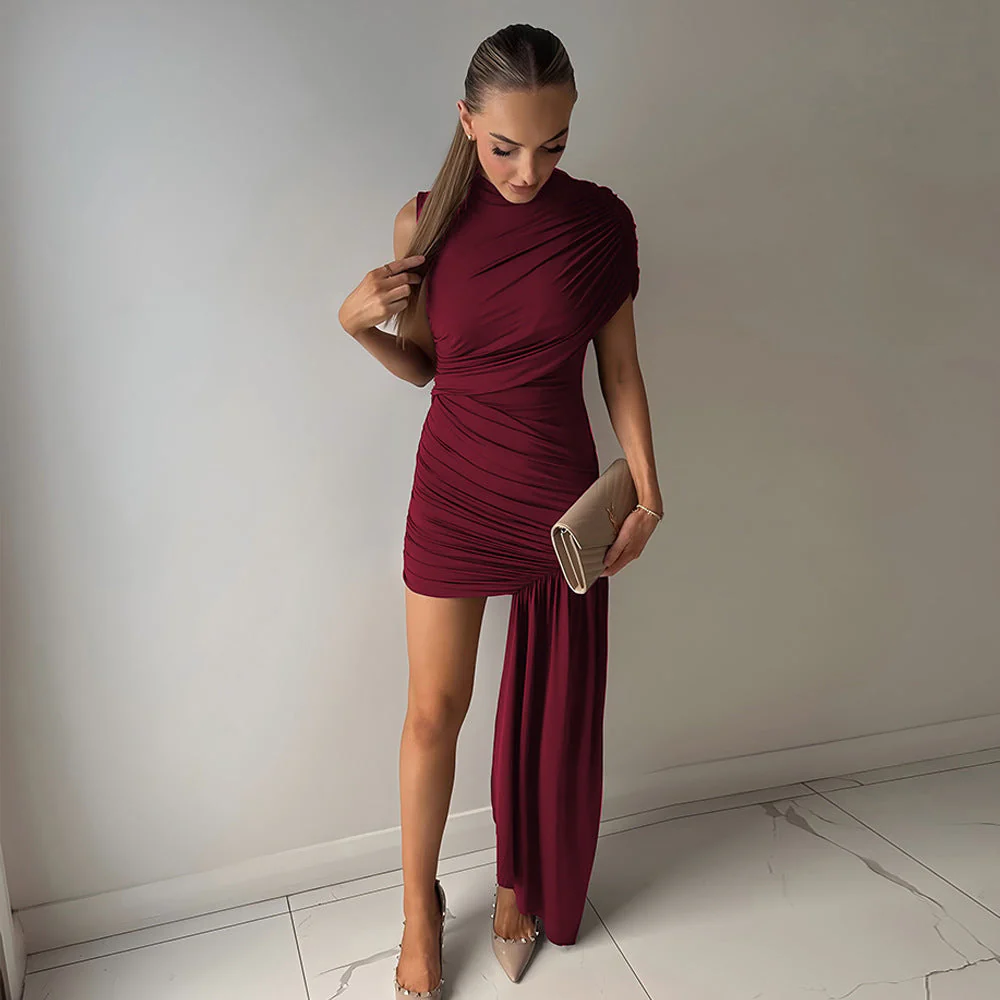 Women’s Ruched Mini Dress with Asymmetric Floor Length Side Drape - Image 4