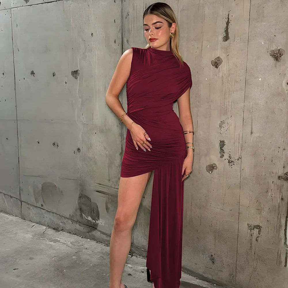 Women’s Ruched Mini Dress with Asymmetric Floor Length Side Drape - Image 5