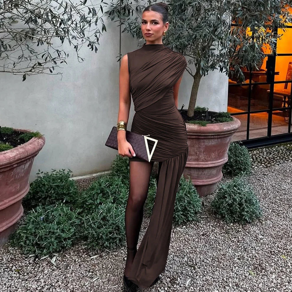 Women’s Ruched Mini Dress with Asymmetric Floor Length Side Drape - Image 7