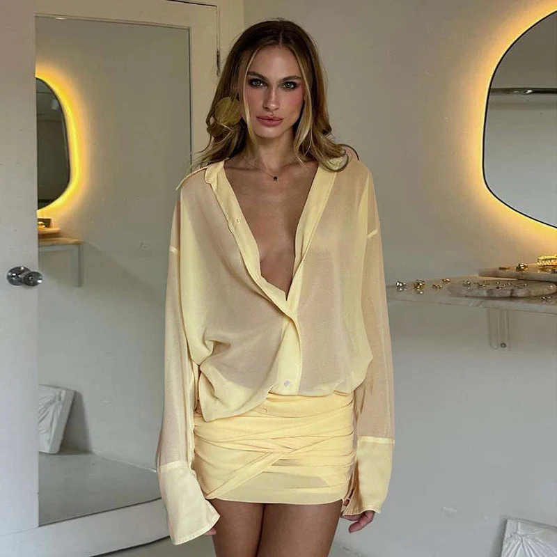 Women’s Ruched Mini Dress with Sheer Oversized Long Sleeve Top - Image 3
