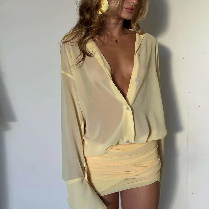 Women’s Ruched Mini Dress with Sheer Oversized Long Sleeve Top - Image 5