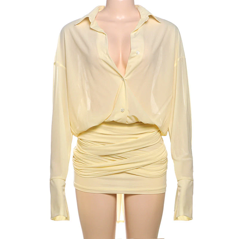 Women’s Ruched Mini Dress with Sheer Oversized Long Sleeve Top - Image 6