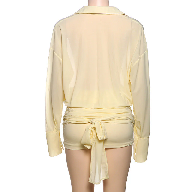 Women’s Ruched Mini Dress with Sheer Oversized Long Sleeve Top - Image 7