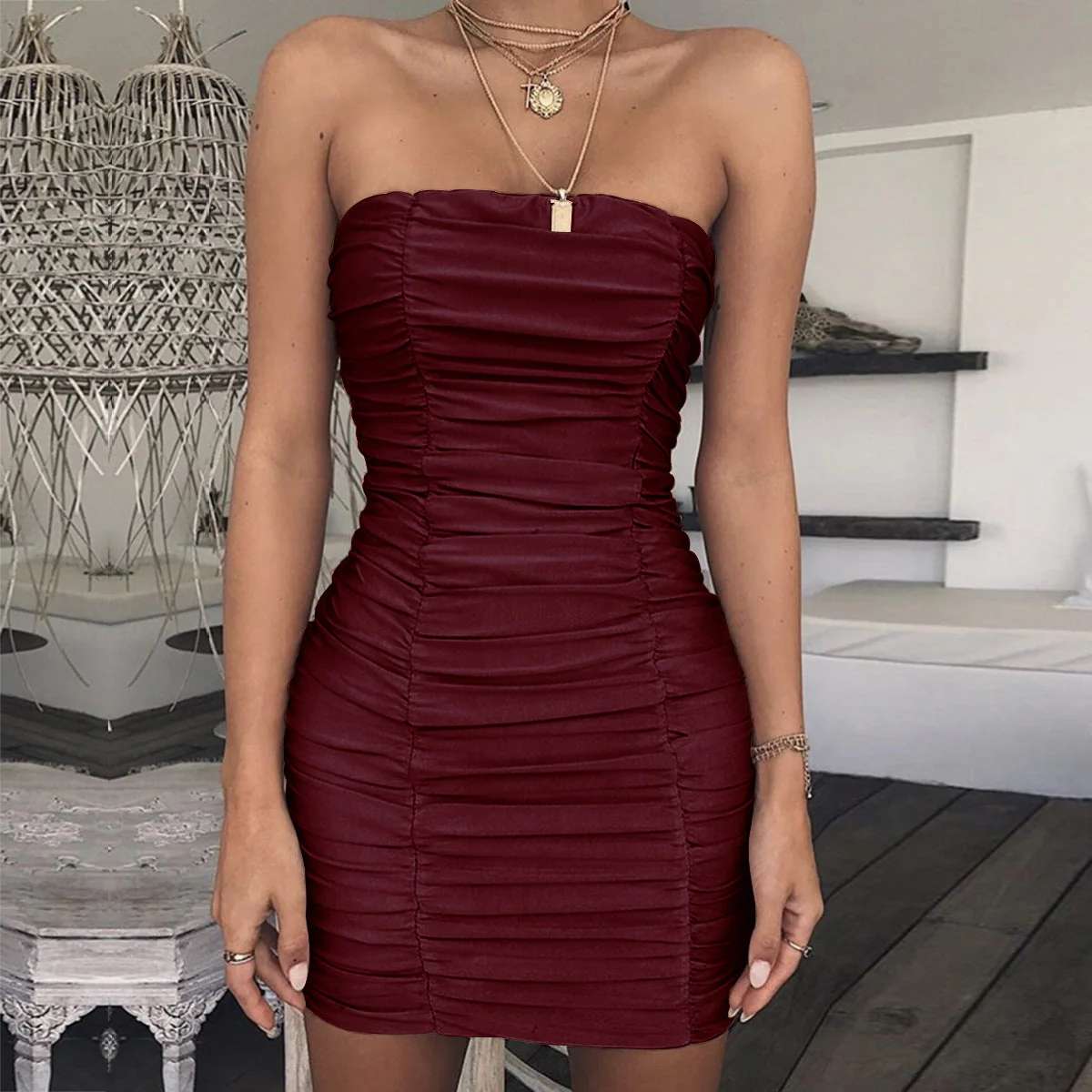 Women’s Ruched Strapless Bodycon Dress with Mesh Overlay - Image 2