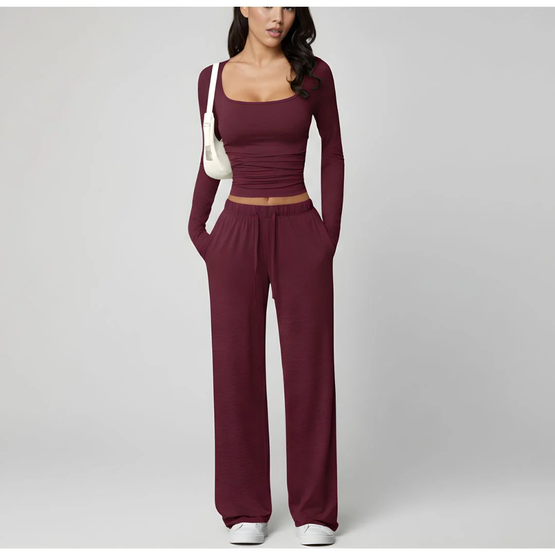 Women’s Square Neck Lounge Set with Wide Leg Pants - Image 2