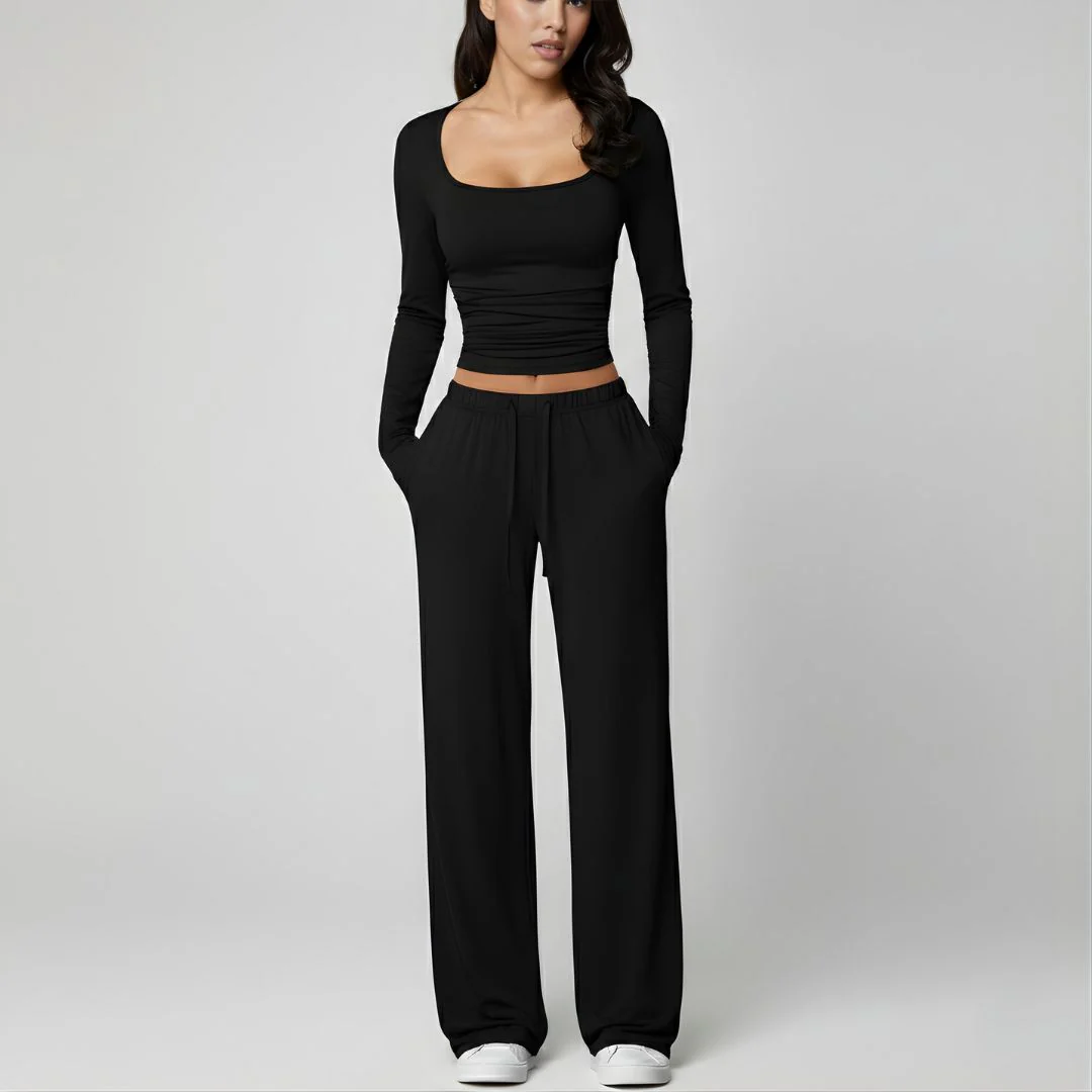 Women’s Square Neck Lounge Set with Wide Leg Pants - Image 3