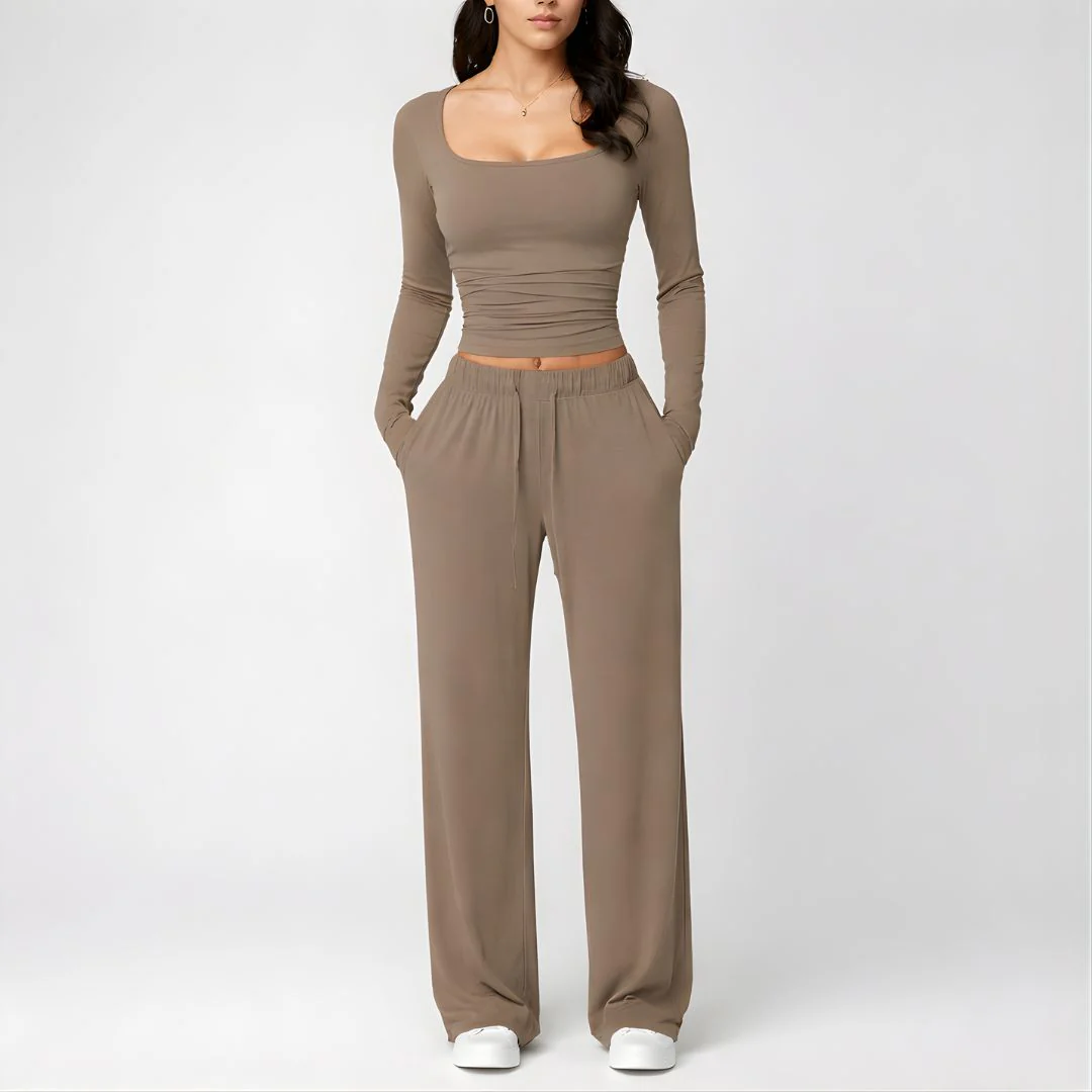 Women’s Square Neck Lounge Set with Wide Leg Pants - Image 4