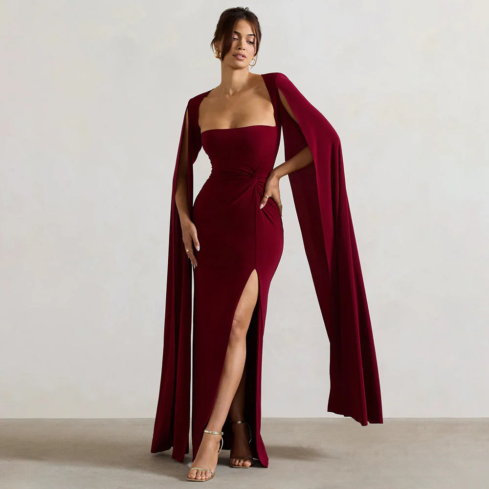 Women’s Square Neck Maxi Dress with Cape Sleeves and High Side Slit - Image 2
