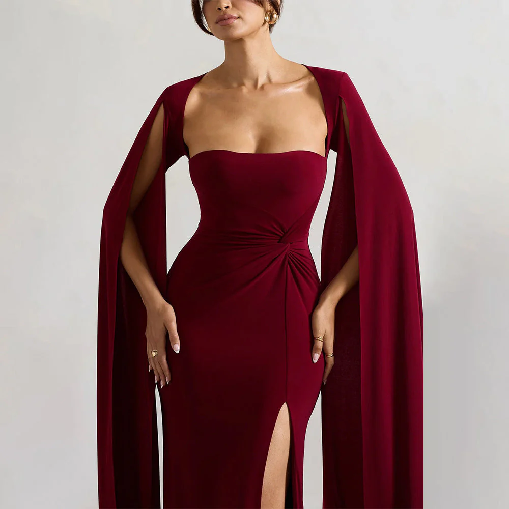Women’s Square Neck Maxi Dress with Cape Sleeves and High Side Slit - Image 3