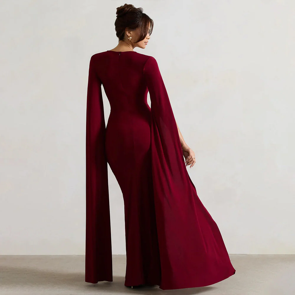 Women’s Square Neck Maxi Dress with Cape Sleeves and High Side Slit - Image 4