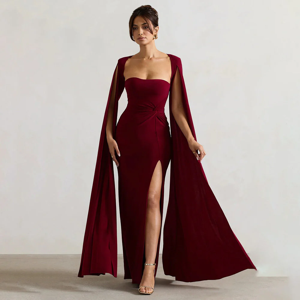 Women’s Square Neck Maxi Dress with Cape Sleeves and High Side Slit - Image 5