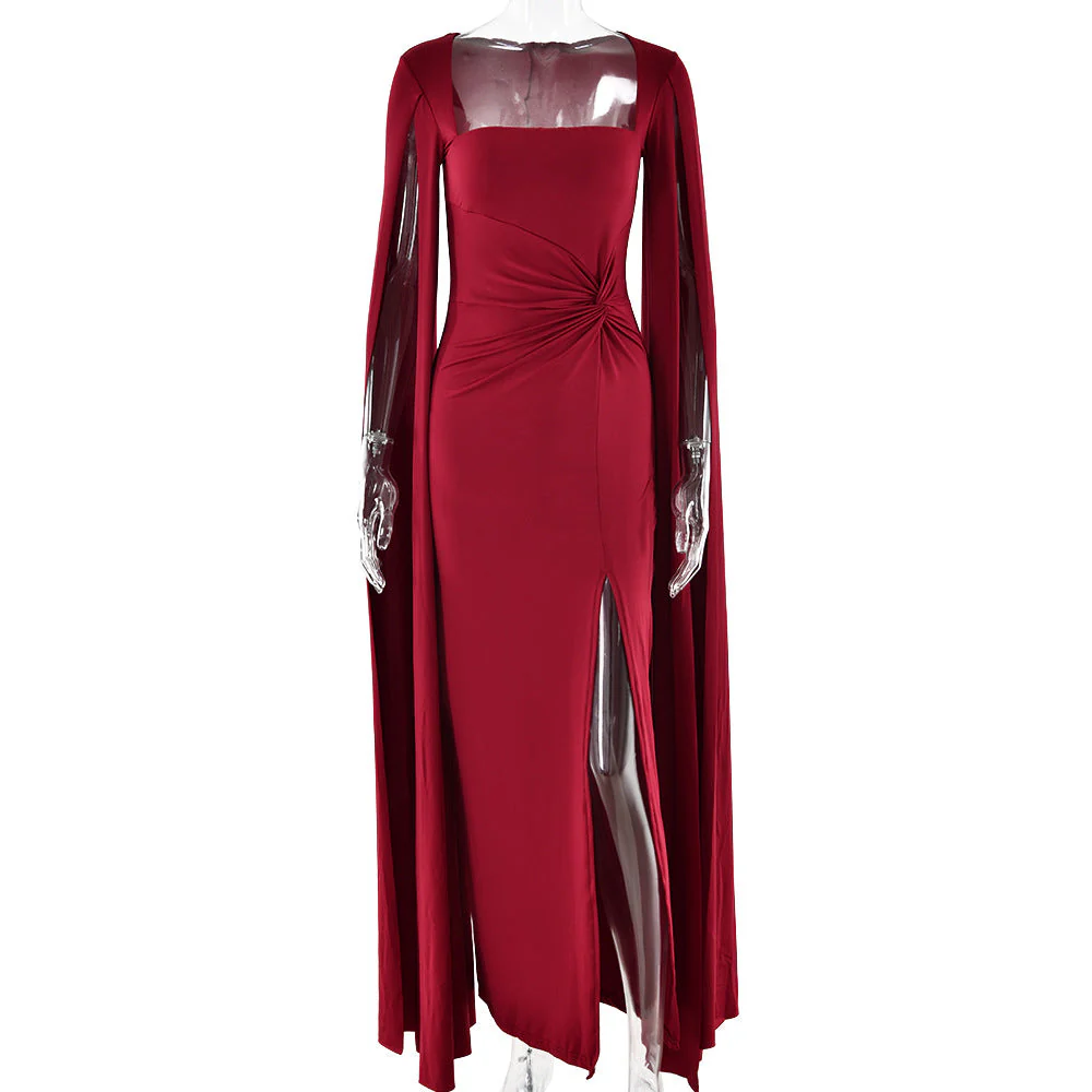 Women’s Square Neck Maxi Dress with Cape Sleeves and High Side Slit - Image 6