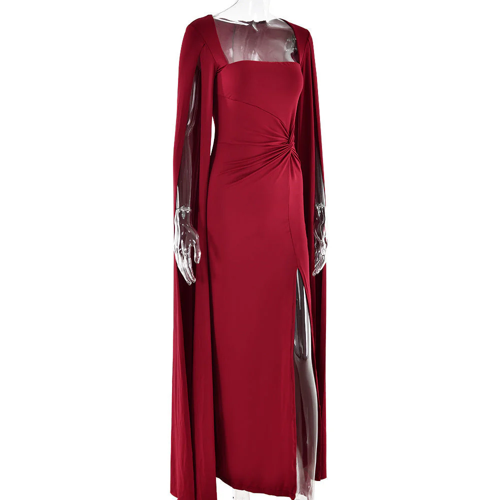 Women’s Square Neck Maxi Dress with Cape Sleeves and High Side Slit - Image 7