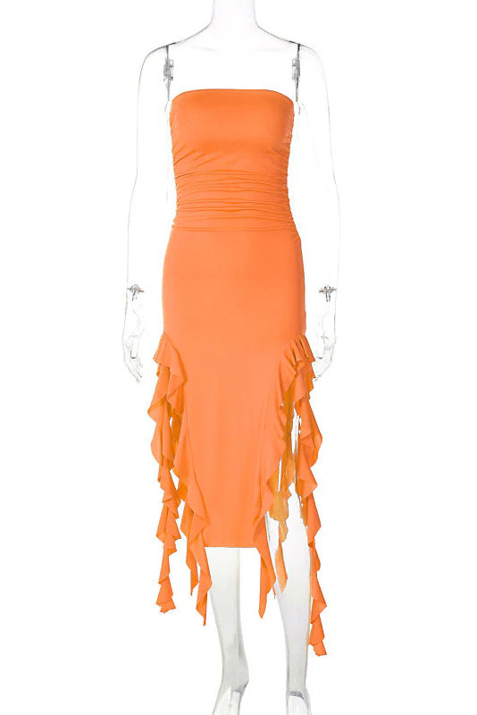 Women’s Strapless Bodycon Maxi Dress with Side Vertical Ruffle Trim - Image 4