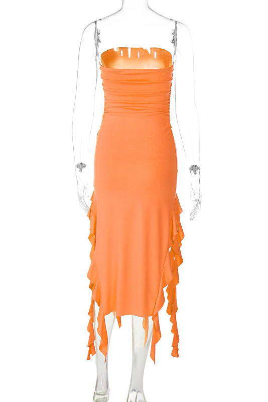 Women’s Strapless Bodycon Maxi Dress with Side Vertical Ruffle Trim - Image 5