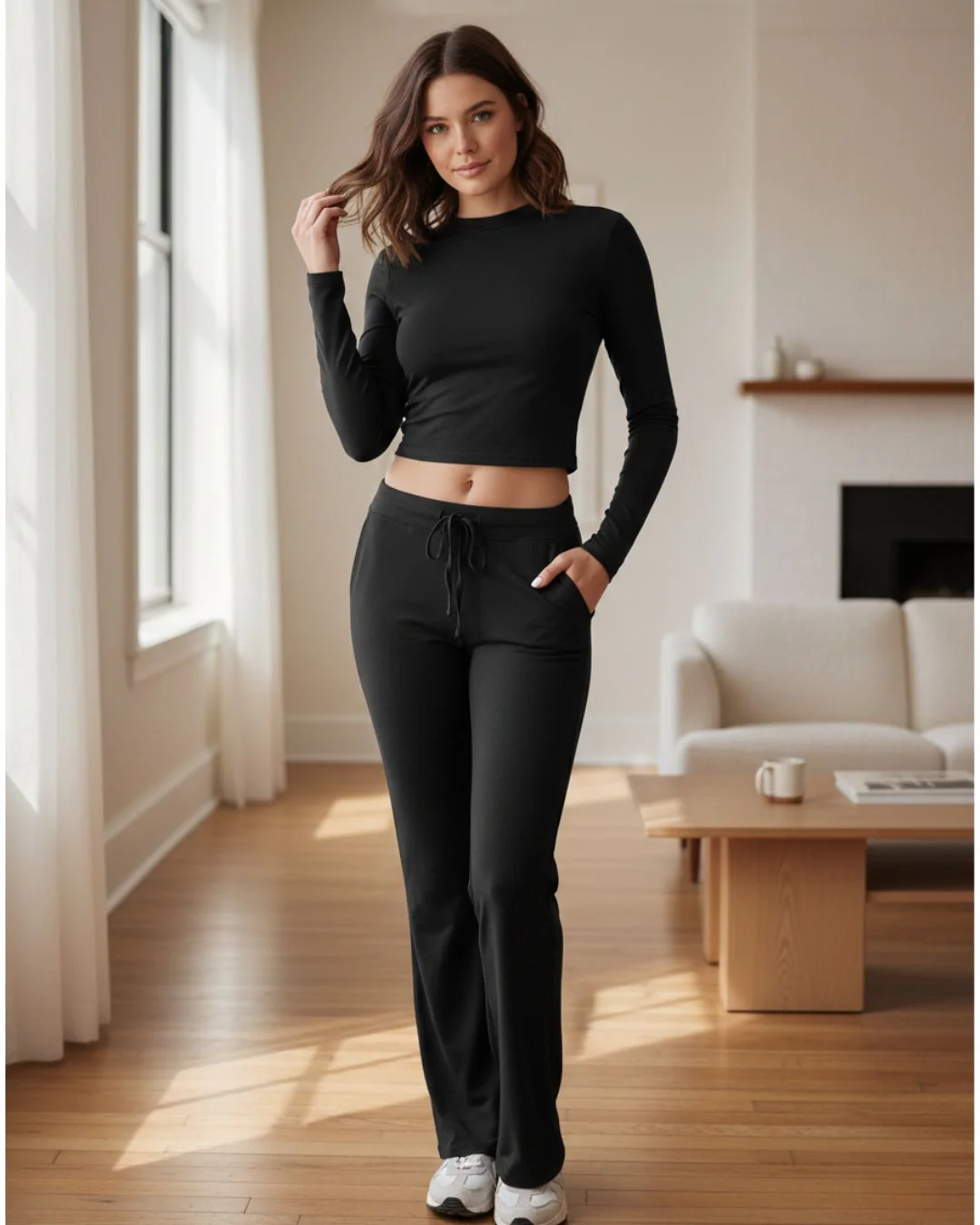 Women’s Two Piece Lounge Set with Wide Leg Drawstring Pants - Image 4