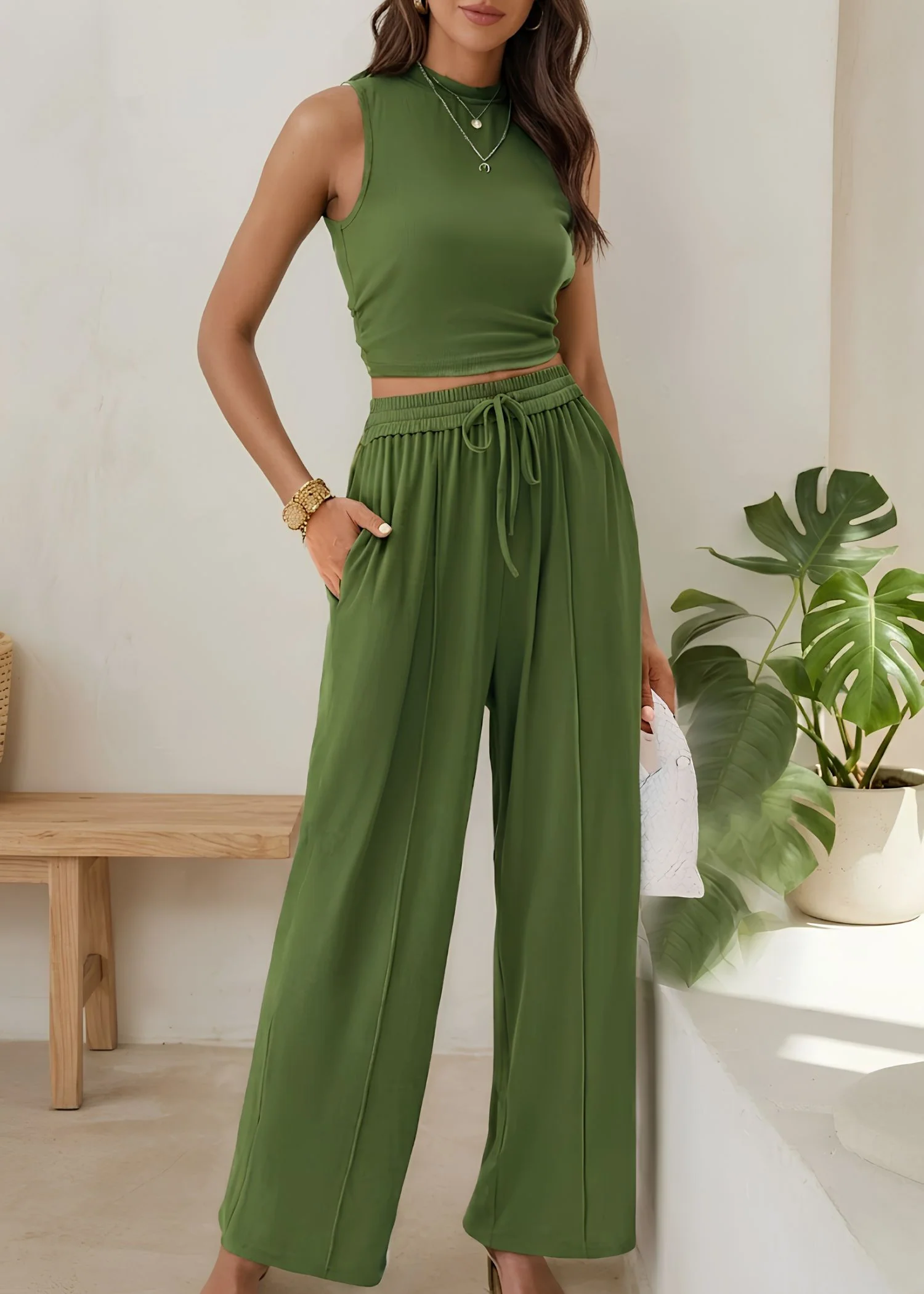 Women¡¯s Two-Piece Set with Sleeveless Mock Neck Crop Top and Wide Leg Trousers - Image 11