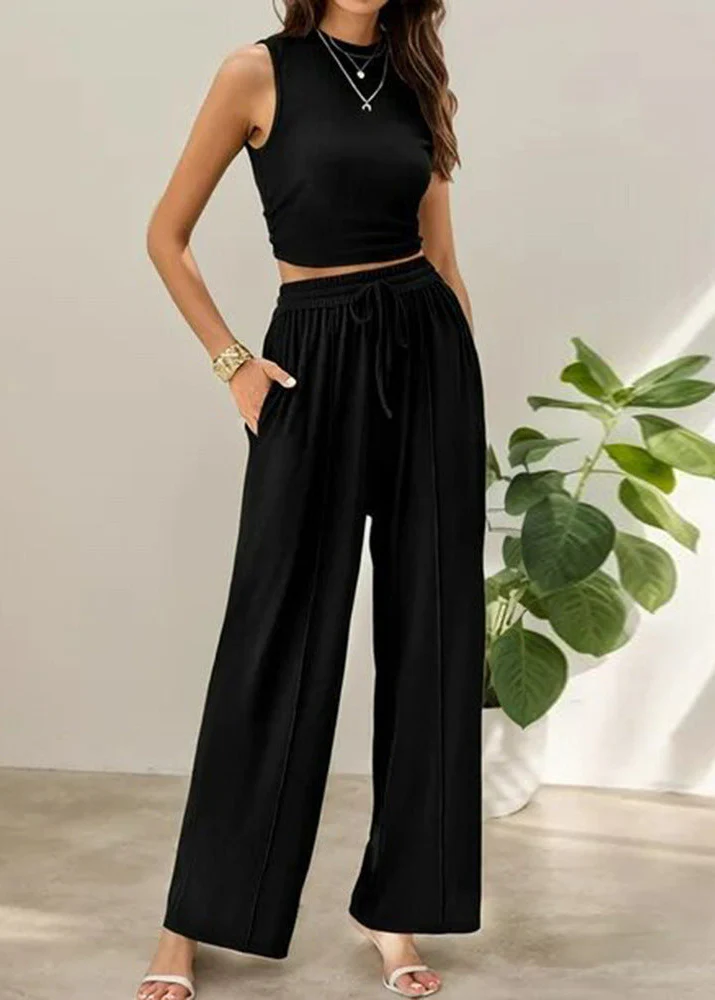Women¡¯s Two-Piece Set with Sleeveless Mock Neck Crop Top and Wide Leg Trousers - Image 6
