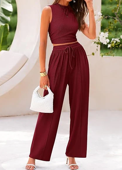 Women¡¯s Two-Piece Set with Sleeveless Mock Neck Crop Top and Wide Leg Trousers - Image 8