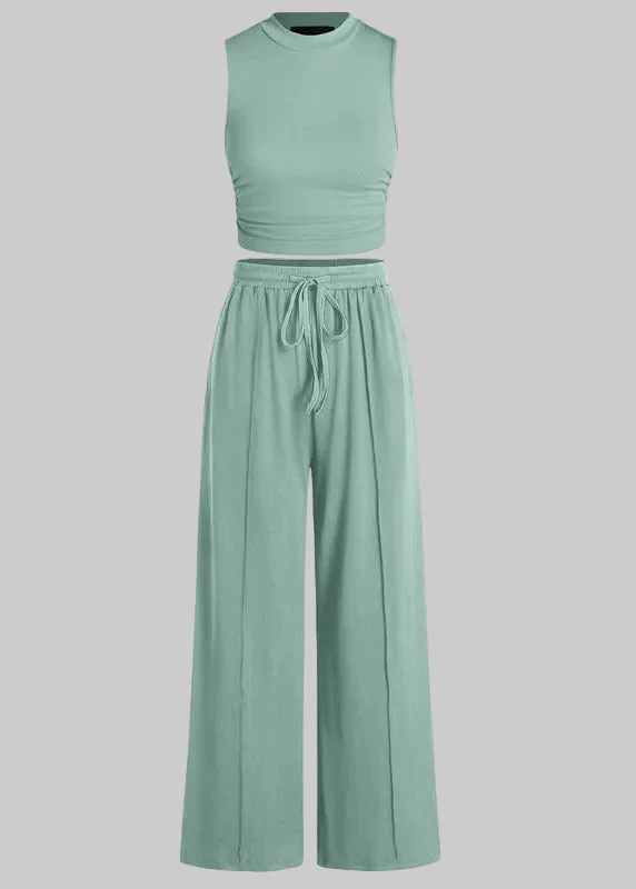 Women¡¯s Two-Piece Set with Sleeveless Mock Neck Crop Top and Wide Leg Trousers - Image 9
