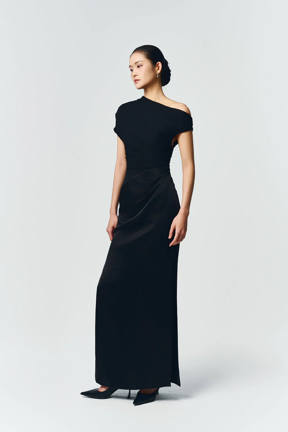 Women's Asymmetric Neck Ruched Maxi Dress Draped Evening Gown - Image 12