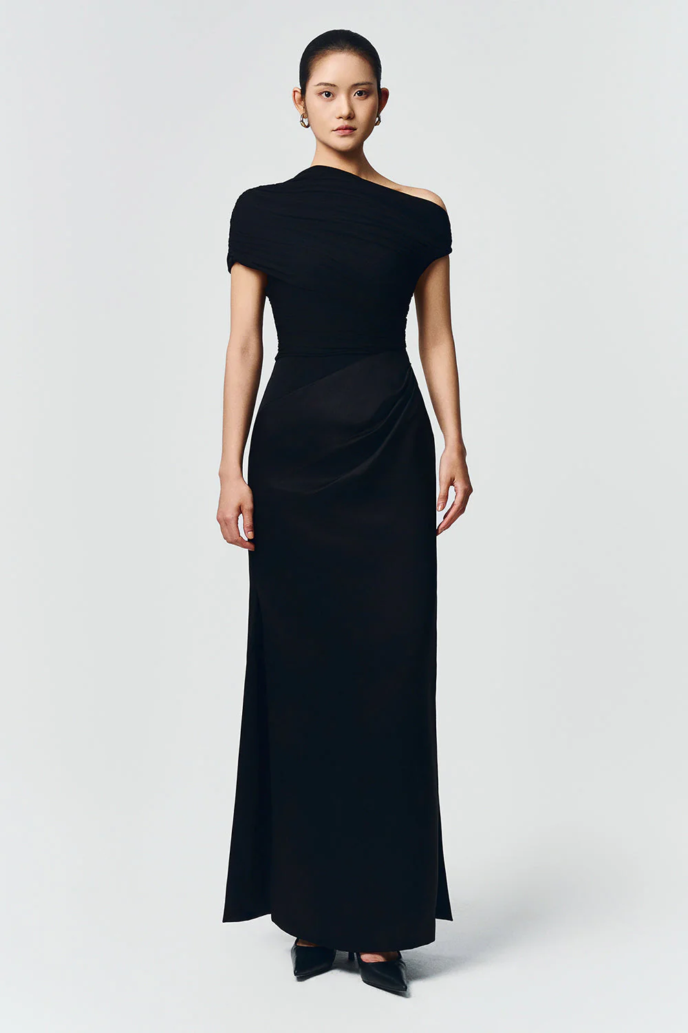 Women's Asymmetric Neck Ruched Maxi Dress Draped Evening Gown - Image 13