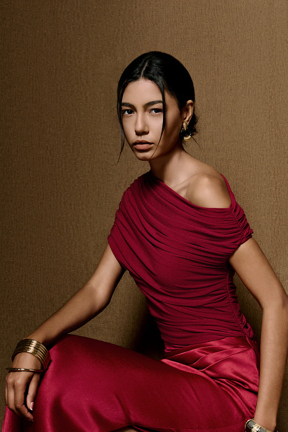 Women's Asymmetric Neck Ruched Maxi Dress Draped Evening Gown - Image 4