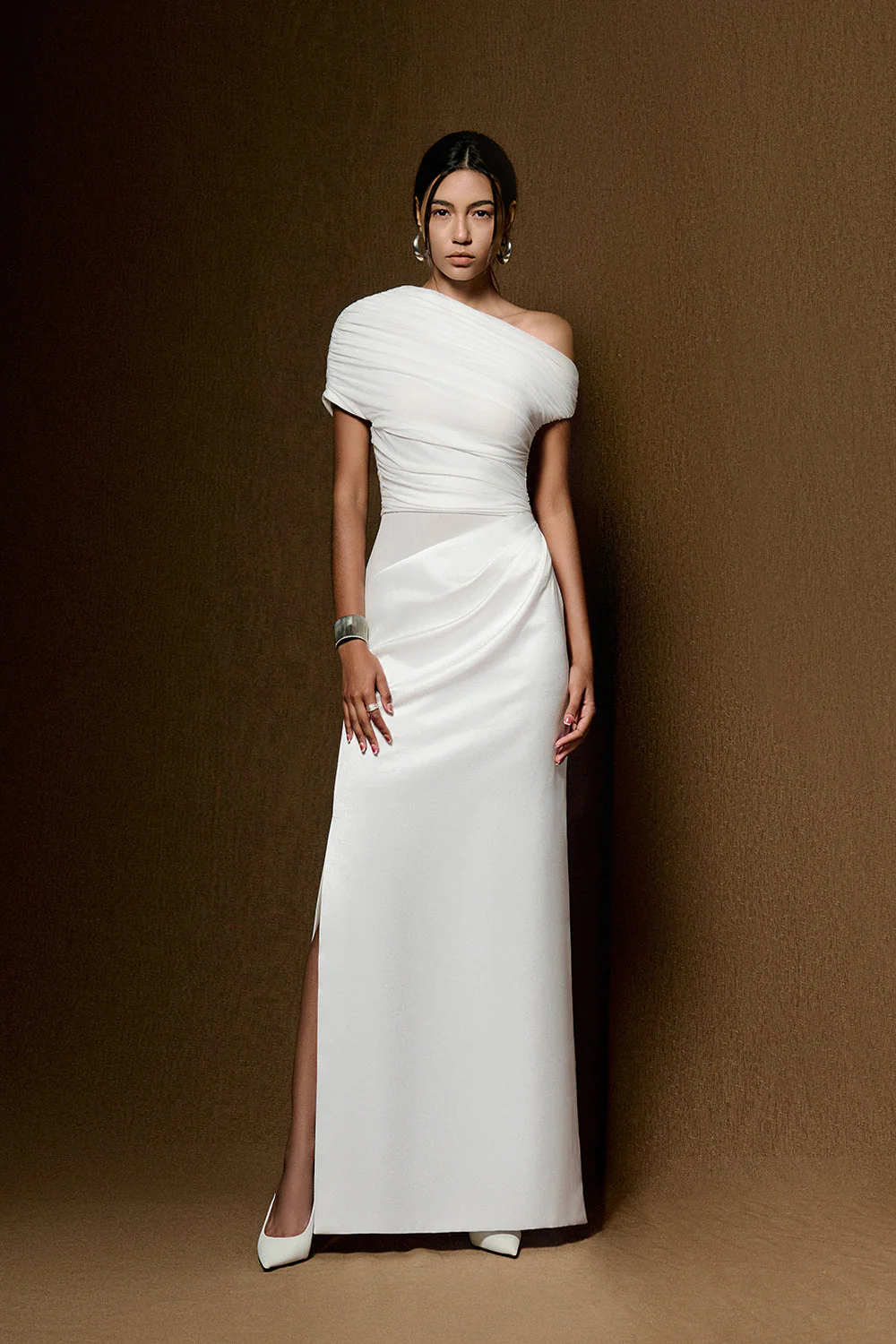 Women's Asymmetric Neck Ruched Maxi Dress Draped Evening Gown - Image 6