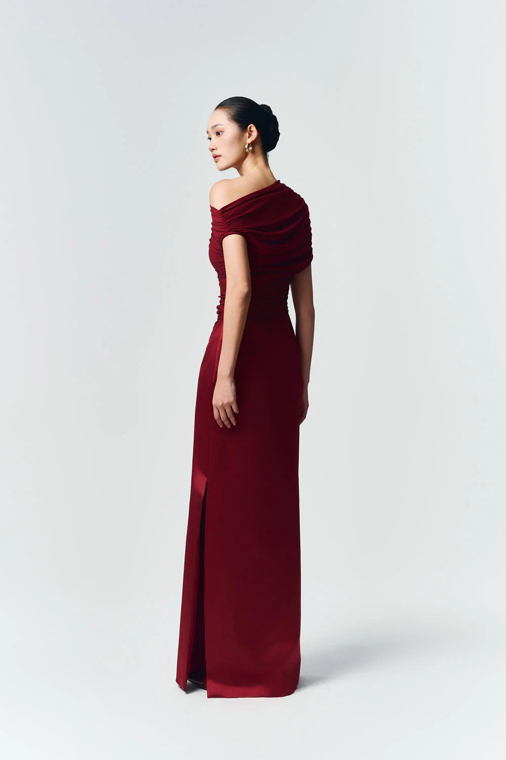 Women's Asymmetric Neck Ruched Maxi Dress Draped Evening Gown - Image 9
