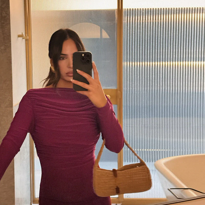 Women's Backless Long Sleeve Maxi Dress with Ruched Detailing - Image 2