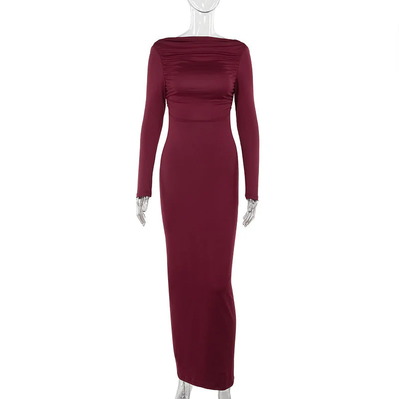 Women's Backless Long Sleeve Maxi Dress with Ruched Detailing - Image 5