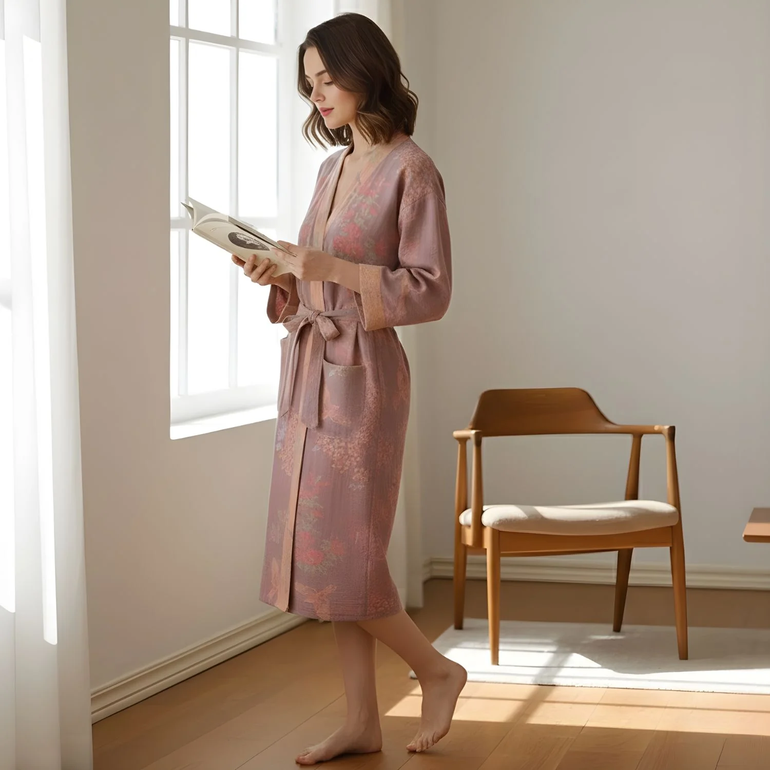 Women's Cotton Kimono Robe Lightweight Floral Dressing Gown - Image 3