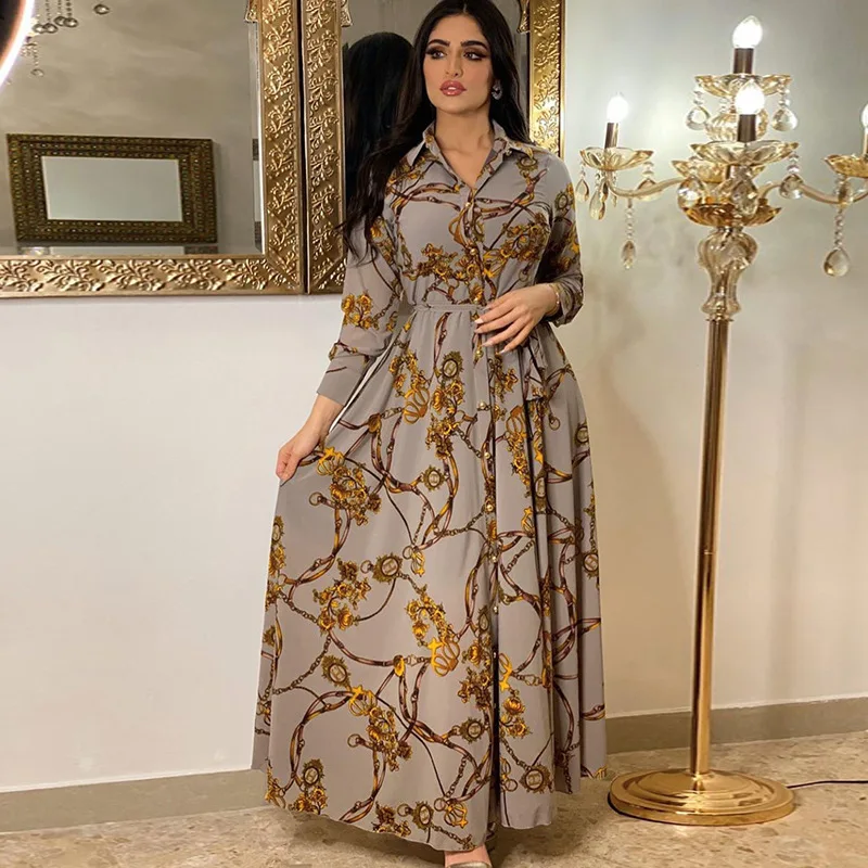 Women's Long Sleeve Maxi Shirt Dress Elegant Baroque Print - Image 2