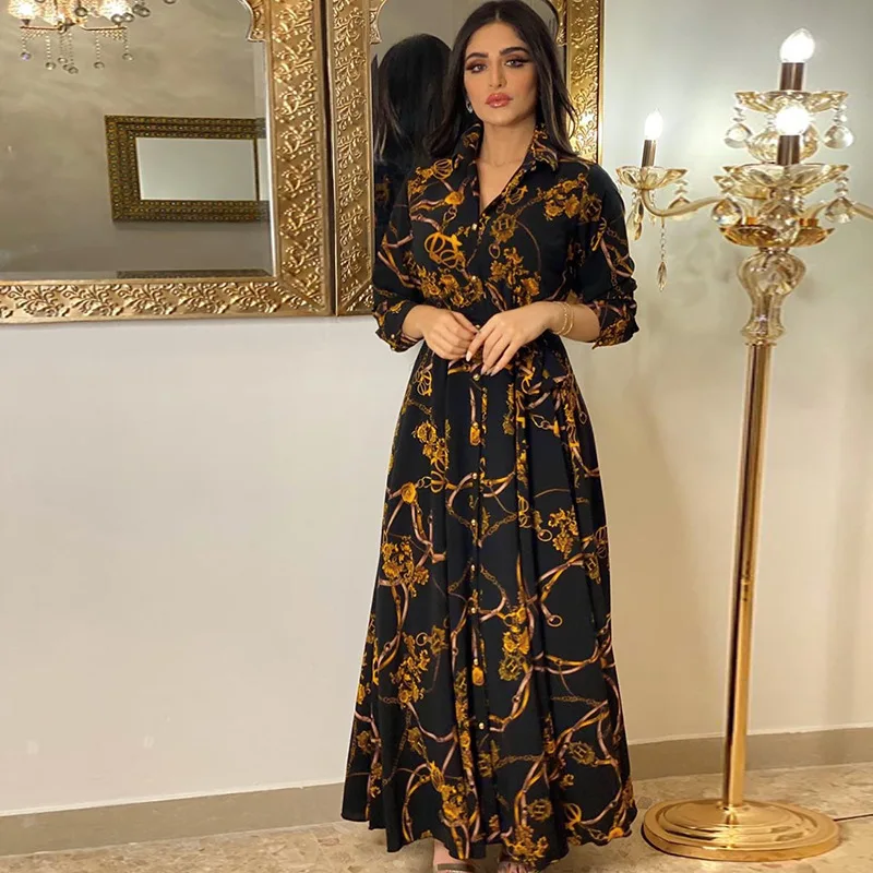 Women's Long Sleeve Maxi Shirt Dress Elegant Baroque Print - Image 5