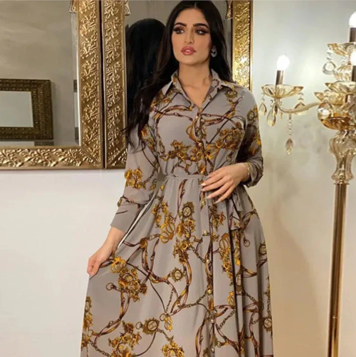 Women's Long Sleeve Maxi Shirt Dress Elegant Baroque Print - Image 6