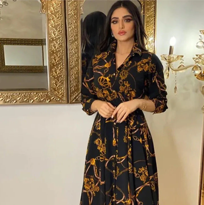 Women's Long Sleeve Maxi Shirt Dress Elegant Baroque Print - Image 7