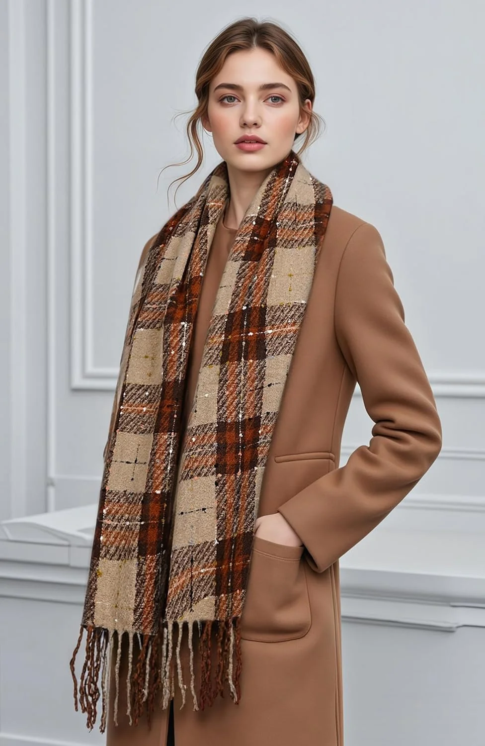 Women's Oversized Plaid Blanket Scarf with Tassel Trim - Image 4