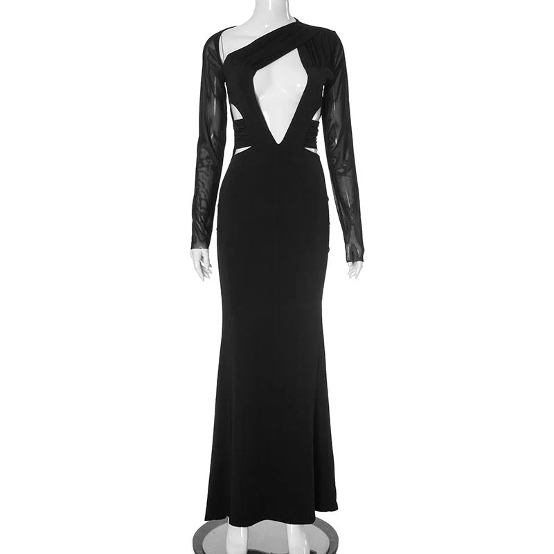 Women's Plunging Neck Cutout Maxi Dress with Long Sleeves - Image 10