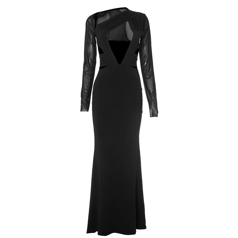 Women's Plunging Neck Cutout Maxi Dress with Long Sleeves - Image 11