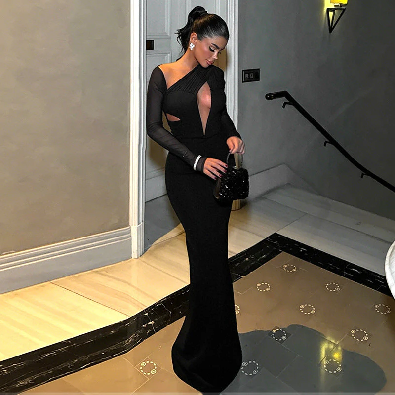 Women's Plunging Neck Cutout Maxi Dress with Long Sleeves - Image 3