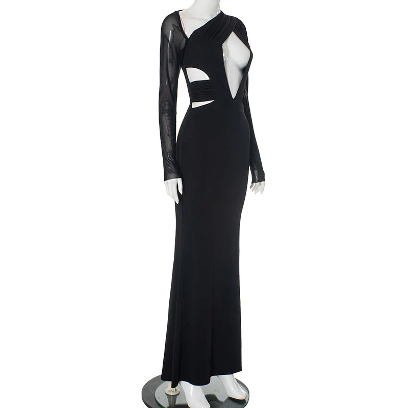 Women's Plunging Neck Cutout Maxi Dress with Long Sleeves - Image 8