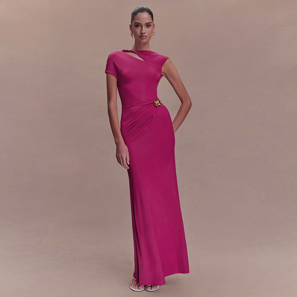Women's Sheath Maxi Dress with Asymmetric Cutout and Brooch - Image 2